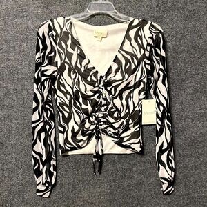 Meraki‎ Mesh Ruched Crop Top Womens Small Black White Zebra Print Lined Pullover